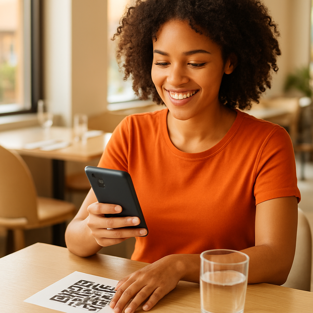 A guest scanning a QR code at a restaurant table with the Prae app